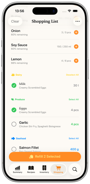 Foo shopping list screen